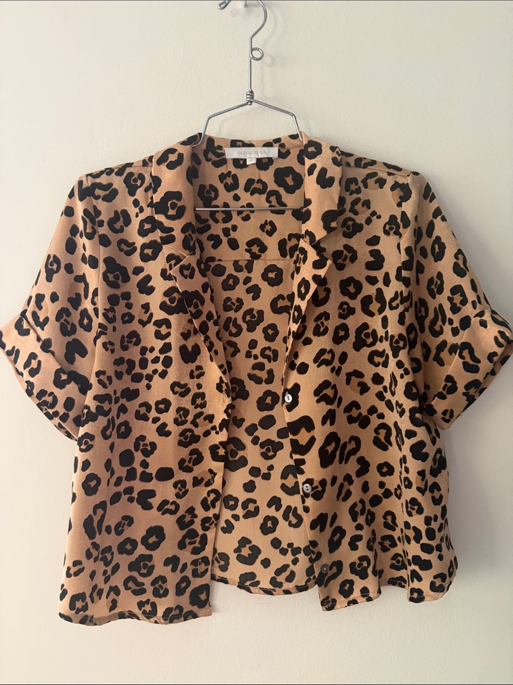 Olivaceous Tan and Black Leopard Button-Down Short Sleeve Top